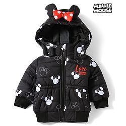 Babyhug Disney Woven Full Sleeves Hooded Winter Jacket With Minnie Mouse Print & Ear Bow Applique - Black