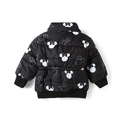 Babyhug Disney Woven Full Sleeves Hooded Winter Jacket With Minnie Mouse Print & Ear Bow Applique - Black