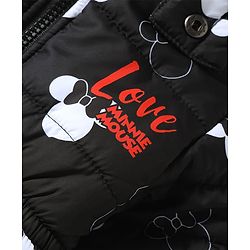 Babyhug Disney Woven Full Sleeves Hooded Winter Jacket With Minnie Mouse Print & Ear Bow Applique - Black