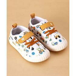 Cute Walk by Babyhug Casual Shoes with Velcro Closure And  Vehicle Print - White