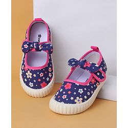 Cute Walk by Babyhug Casual Shoes with Velcro Closure And  Floral Print & Bow Applique - Navy Blue