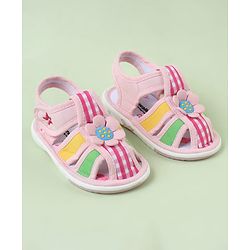 Cute Walk by Babyhug Velcro Closure Sandals with Checks & Floral Applique - Pink