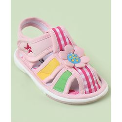 Cute Walk by Babyhug Velcro Closure Sandals with Checks & Floral Applique - Pink