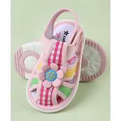 Cute Walk by Babyhug Velcro Closure Sandals with Checks & Floral Applique - Pink