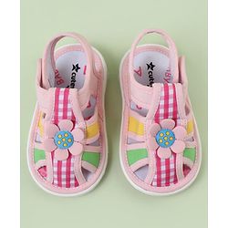Cute Walk by Babyhug Velcro Closure Sandals with Checks & Floral Applique - Pink