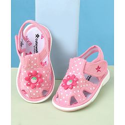 Cute Walk by Babyhug Velcro Closure Polka Dots Printed Sandal With Floral Applique - Pink