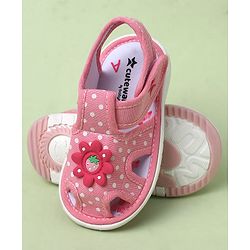 Cute Walk by Babyhug Velcro Closure Polka Dots Printed Sandal With Floral Applique - Pink