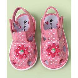 Cute Walk by Babyhug Velcro Closure Polka Dots Printed Sandal With Floral Applique - Pink