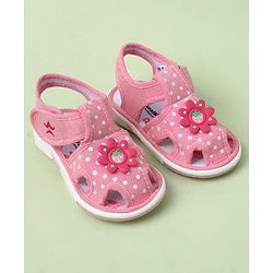 Cute Walk by Babyhug Velcro Closure Polka Dots Printed Sandal With Floral Applique - Pink