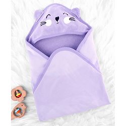 Babyhug Cotton Knit Hooded Wrapper With Ear Applique L 82 x B 77 cm - Lavender