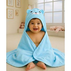 Babyhug Cotton Knit Hooded Wrapper With Animal Face Embroidery & Ear Applique L 82 x B 77 cm - Blue