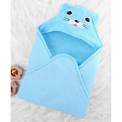 Babyhug Cotton Knit Hooded Wrapper With Animal Face Embroidery & Ear Applique L 82 x B 77 cm - Blue
