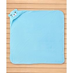Babyhug Cotton Knit Hooded Wrapper With Animal Face Embroidery & Ear Applique L 82 x B 77 cm - Blue