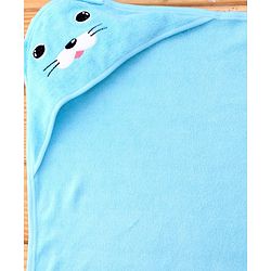 Babyhug Cotton Knit Hooded Wrapper With Animal Face Embroidery & Ear Applique L 82 x B 77 cm - Blue