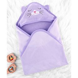 Babyhug Cotton Knit Hooded Wrapper With Animal Embroidery  L 81 x B 81 cm - Lavender