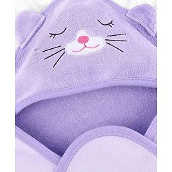 Babyhug Cotton Knit Hooded Wrapper With Animal Embroidery  L 81 x B 81 cm - Lavender