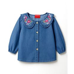 Babyhug Woven Full Sleeves Peter Pan Collar Front Open Denim Top With Floral Embroidery - Blue