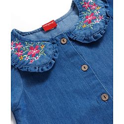 Babyhug Woven Full Sleeves Peter Pan Collar Front Open Denim Top With Floral Embroidery - Blue