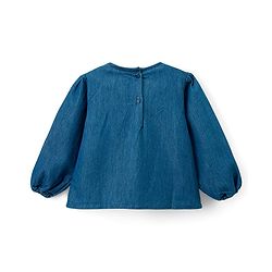 Babyhug Woven Denim Full Sleeves Top with Floral Embroidery & Frill Detailing- Blue