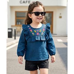 Babyhug Woven Denim Full Sleeves Top with Floral Embroidery & Frill Detailing- Blue