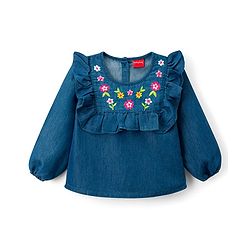 Babyhug Woven Denim Full Sleeves Top with Floral Embroidery & Frill Detailing- Blue