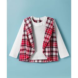 Babyhug 100% Cotton Knit Full Sleeves Top With Attached Checks Shrug - Red & White