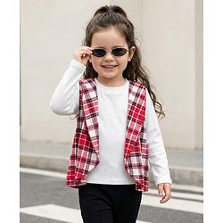 Babyhug 100% Cotton Knit Full Sleeves Top With Attached Checks Shrug - Red & White