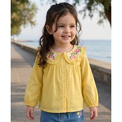 Babyhug 100% Cotton Knit Full Sleeves Top with Floral Embroidery - Yellow