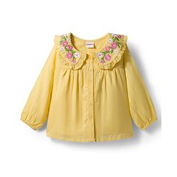 Babyhug 100% Cotton Knit Full Sleeves Top with Floral Embroidery - Yellow