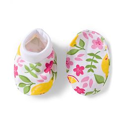 Babyhug 100% Cotton Knit Cap Mittens And Booties with Floral Print White - 10.5 cm Diameter