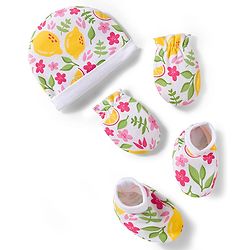 Babyhug 100% Cotton Knit Cap Mittens And Booties with Floral Print White - 10.5 cm Diameter