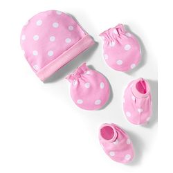 Babyhug 100% Cotton Knit Cap Mittens & Booties With Polka Dot Print Pink - Diameter 11 cm