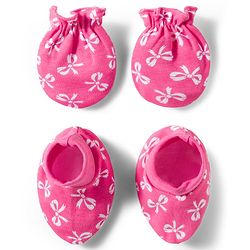 Babyhug 100% Cotton Knit Mittens & Booties Set with Bow Print - Pink