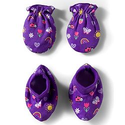 Babyhug 100% Cotton Interlock Knit Mittens & Booties Set With Floral Print - Purple