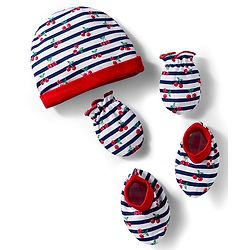 Babyhug 100% Cotton Cap Mittens & Booties Set With Cherry Print Red - Diameter 16 cm