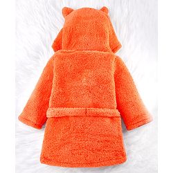 Babyhug Velour Knit Full Sleeves Hooded Bathrobe with Fox Applique & Embroidery - Orange