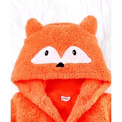 Babyhug Velour Knit Full Sleeves Hooded Bathrobe with Fox Applique & Embroidery - Orange