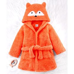 Babyhug Velour Knit Full Sleeves Hooded Bathrobe with Fox Applique & Embroidery - Orange