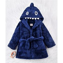 Babyhug Velour Knit Full Sleeves Hooded Bathrobe with Shark Applique & Embroidery - Navy Blue