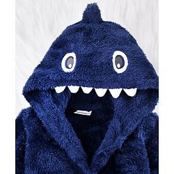 Babyhug Velour Knit Full Sleeves Hooded Bathrobe with Shark Applique & Embroidery - Navy Blue