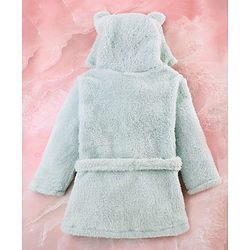 Babyhug Velour Knit Full Sleeves Hooded Bathrobe with Frog Applique & Embroidery - Light Blue