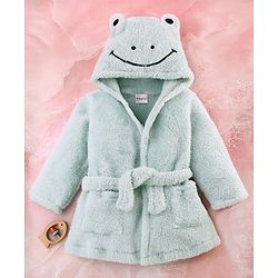Babyhug Velour Knit Full Sleeves Hooded Bathrobe with Frog Applique & Embroidery - Light Blue