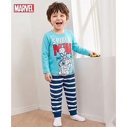 Babyhug Marvel Single Jersey Knit Full Sleeves Night Suit With Spider Man Graphics - Blue