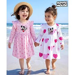 Babyhug Disney Single Jersey Knit Full Sleeves Dresses With Minnie Mouse Graphics Pack of 2 - Pink & White