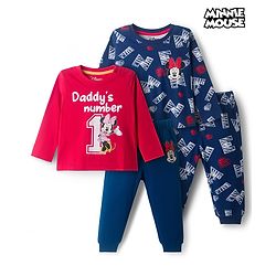 Babyhug Disney Single Jersey Knit Full Sleeves Night Suit With Minnie Mouse Graphics Pack Of 2 - Red & Navy Blue