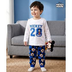Babyhug Disney Single Jersey Knit Full Sleeves Night Suit With Mickey Mouse Graphics - White