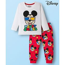 Babyhug Disney Single Jersey Knit Full Sleeves Night Suit With Mickey Mouse Print - White & Red