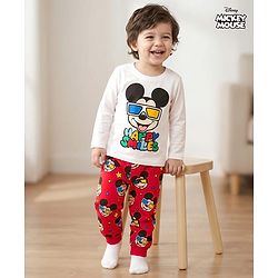 Babyhug Disney Single Jersey Knit Full Sleeves Night Suit With Mickey Mouse Print - White & Red