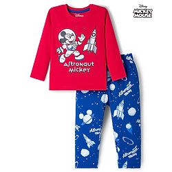 Babyhug Disney Single Jersey Knit Full Sleeves Night Suit With Mickey Mouse Graphics - Red & Navy Blue