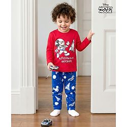 Babyhug Disney Single Jersey Knit Full Sleeves Night Suit With Mickey Mouse Graphics - Red & Navy Blue